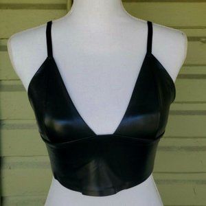 Black Faux Leather Long Line Bralette